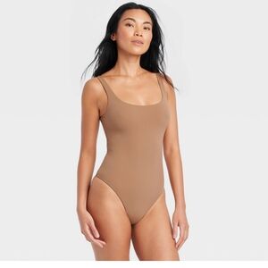 The Auden Luxe Stretch Caramel tank top thong bottom bodysuit in size Large